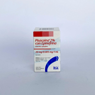 Pisacaina 2% con epinefrina 20-0.005 mg/1 ml. Frasco ámpula de 50 ml